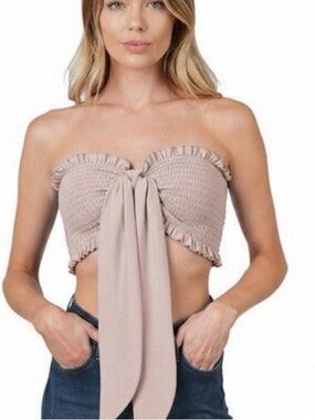 Zenana Outfitters Blush Tie-Front Smocked Strapless Crop Top